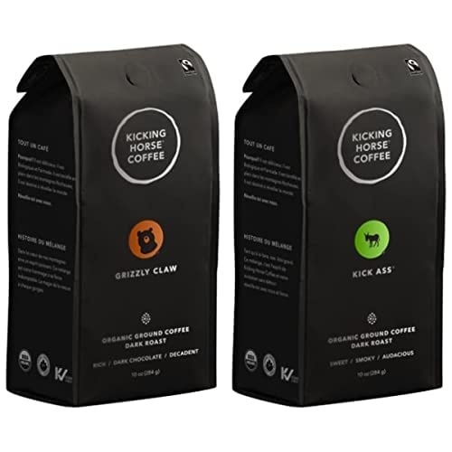 Bundle of 1 Kicking Horse Coffee, Grizzly Claw, Dark Roast, Ground, 10 oz Bag + 1 Kicking Horse Coffee, Kick Ass, Dark Roast, Ground, 10 Oz Bag